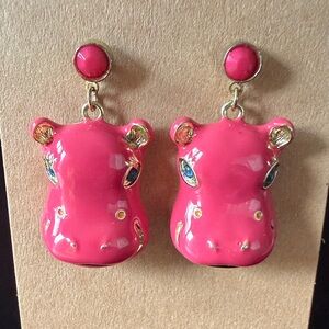Pink Hippo Dangle Earrings Gold Accents Fun Statement 1.5”